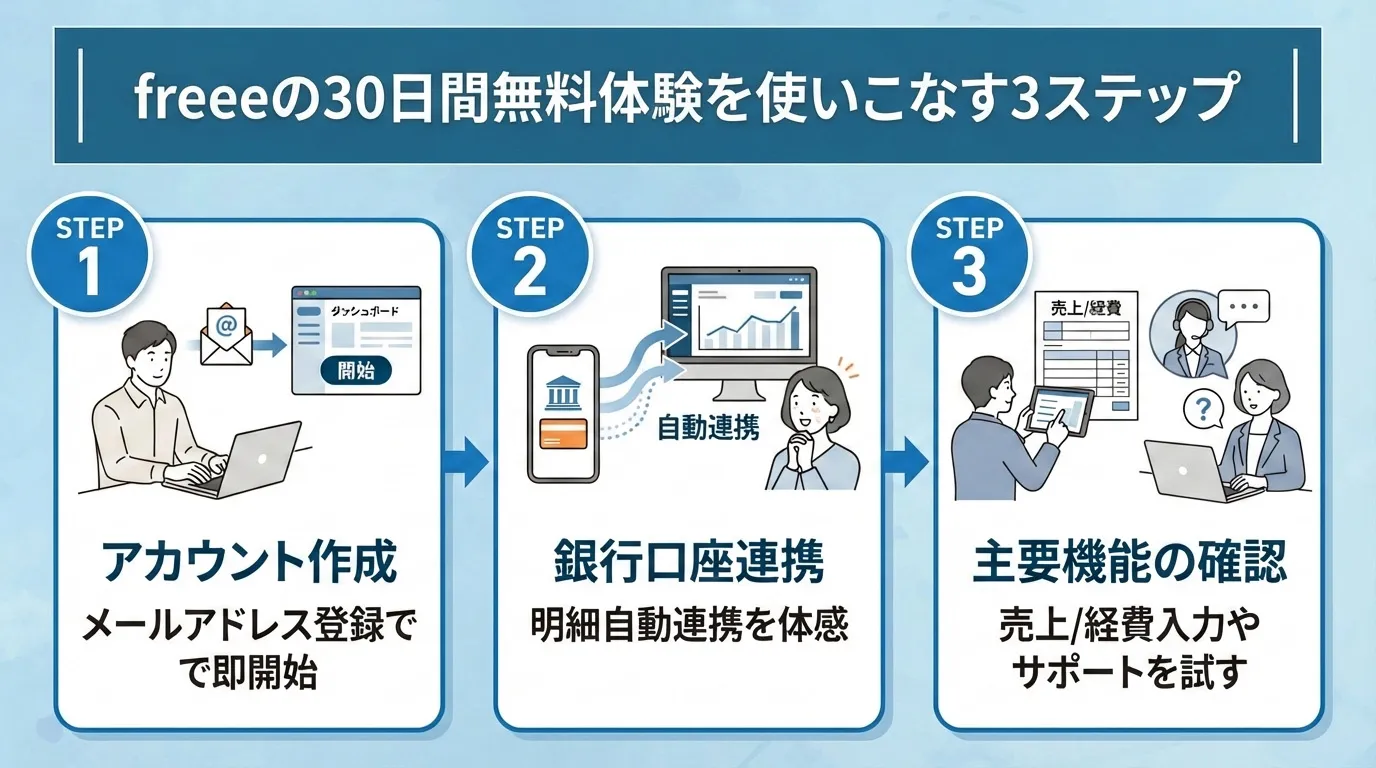 30日間の無料体験でfreeeの操作性を確認する手順