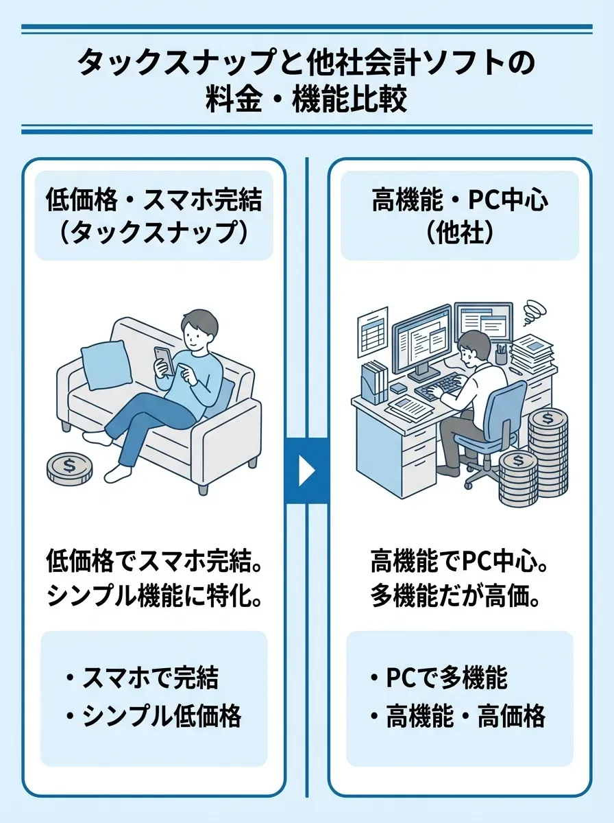 タックスナップと他社会計ソフトの料金と機能の比較