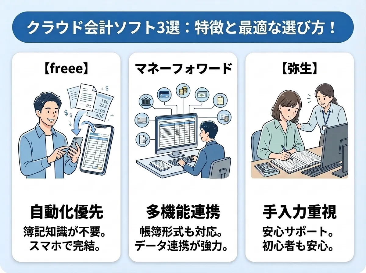弥生会計とfreee、マネーフォワードの違いと特徴