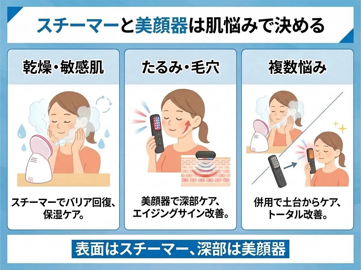 スチーマーと美顔器どちらを使うかは肌悩みで決める