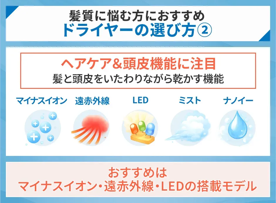 髪質に悩む方におすすめのドライヤーの選び方②ヘアケア＆頭皮昨日に注目