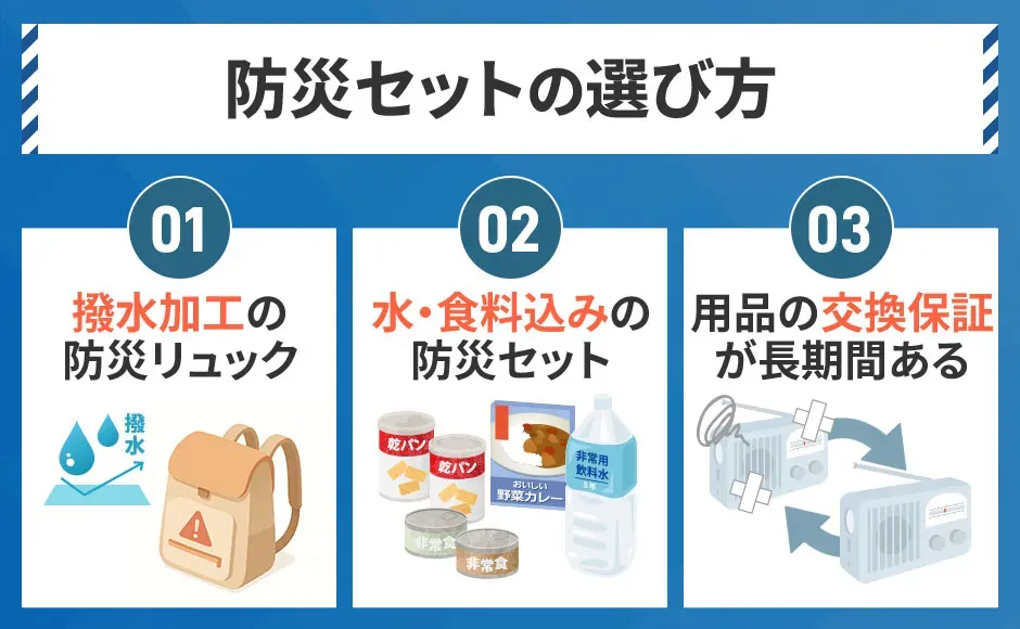 防災セットの選び方、撥水加工、水や食料込みセット、用品の交換保証が長期間