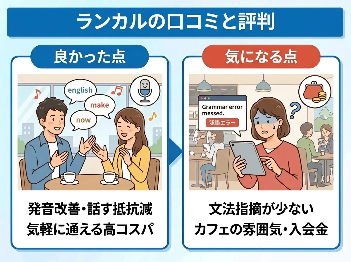 ランカル英会話アプリの良い口コミと気になる口コミを比較