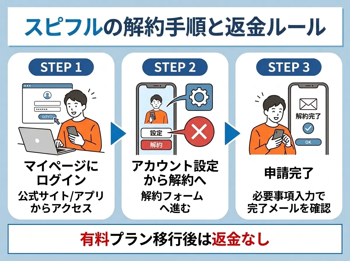 スピフルの解約手順と無料体験中の課金回避方法