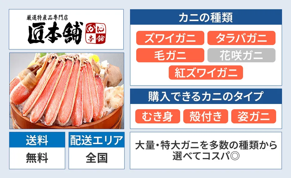 匠本舗のカニの種類、タイプ、送料無料、全国配送
