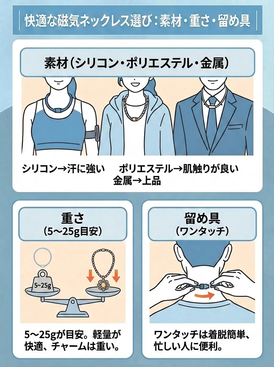 快適な磁気ネックレスを選ぶには素材、重さ、留め具にも違いがある