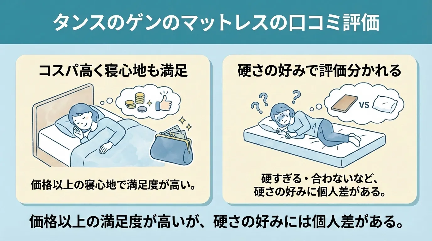 タンスのゲンのマットレスの口コミ評価。価格以上の満足度はあるが硬さの好みには個人差がある。