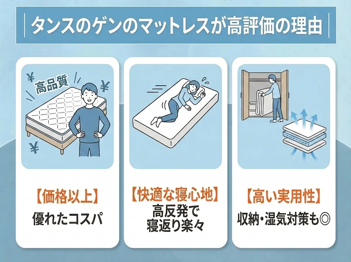 タンスのゲンのマットレスが高評価な理由は優れたコスパや快適な寝心地、高い実用性