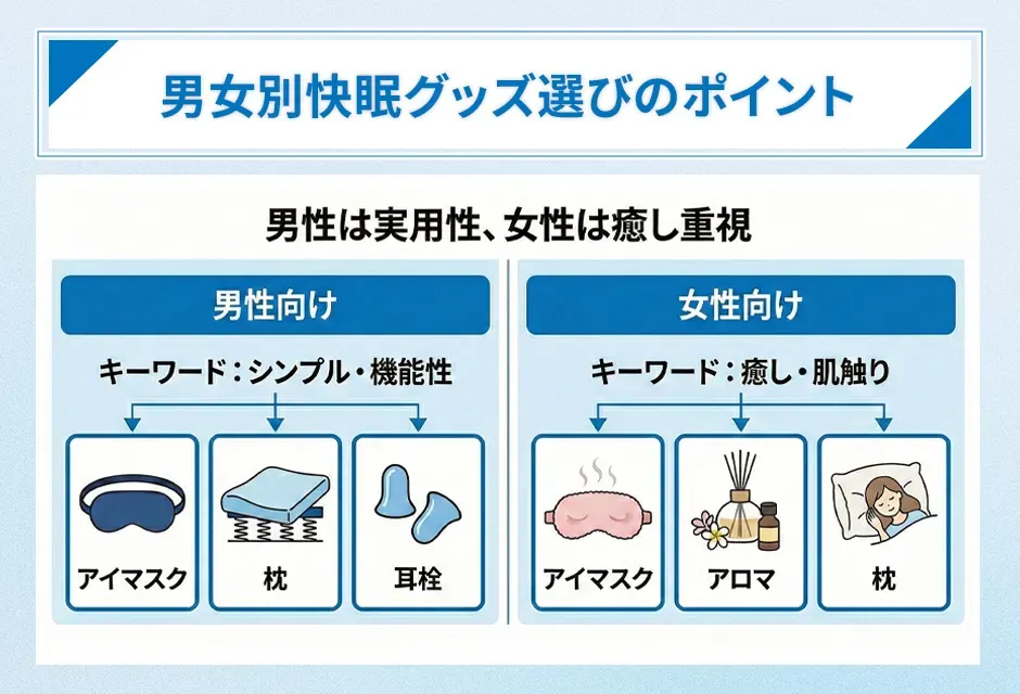 男女別快眠グッズ選びのポイント、男性は実用性、女性は癒し重視