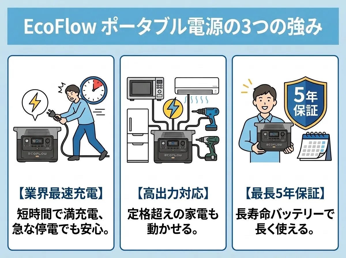 エコフローポータブル電源の3つの特徴