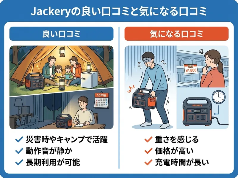 Jackeryポータブル電源の良い口コミと気になる口コミを比較