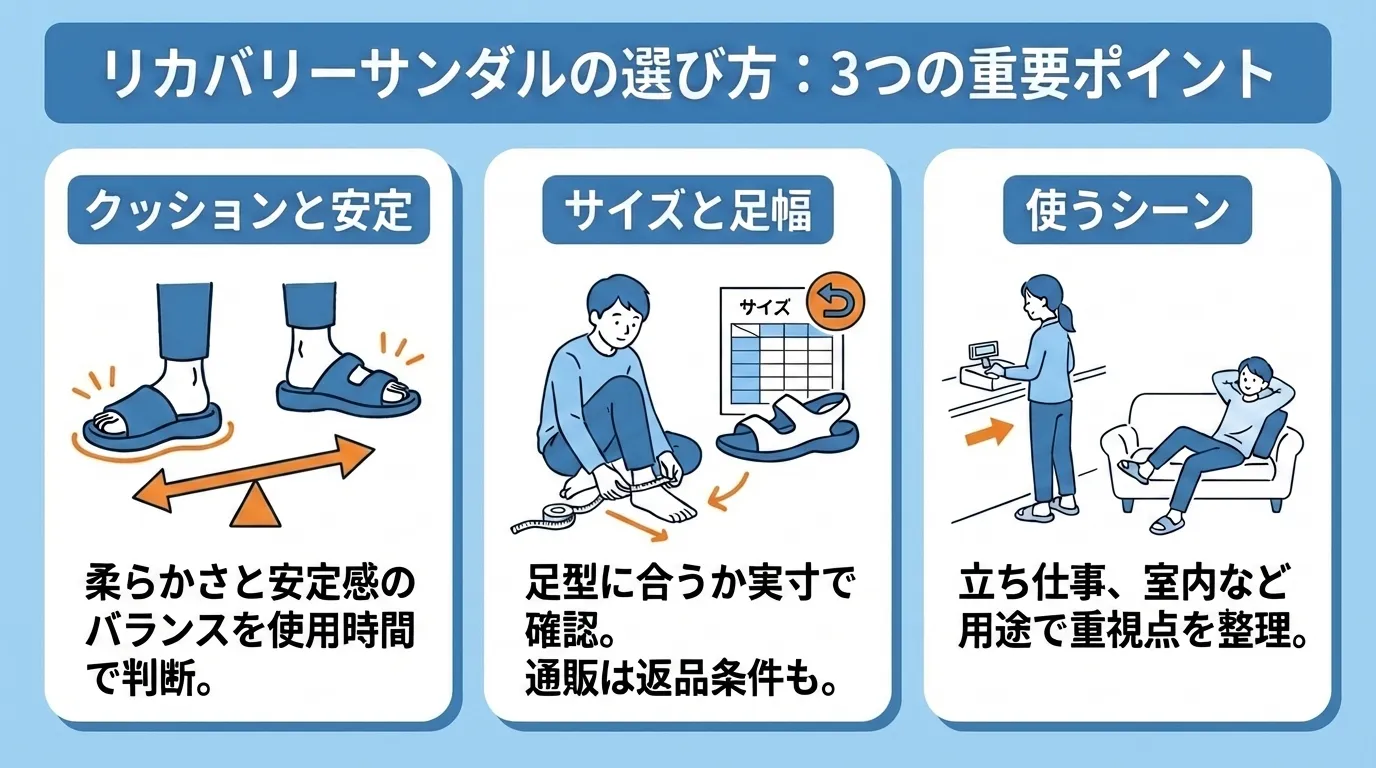 リカバリーサンダルを選ぶ3つの重要ポイント