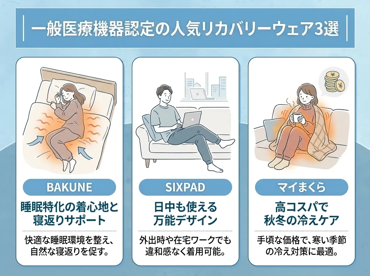 一般医療機器認定の人気リカバリーウェア3選、BAKUNE、SIXPAD、マイまくら